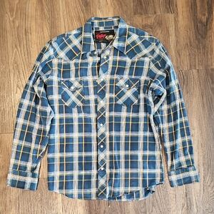 Old Navy Men's Blue and Yellow Plaid Shirt